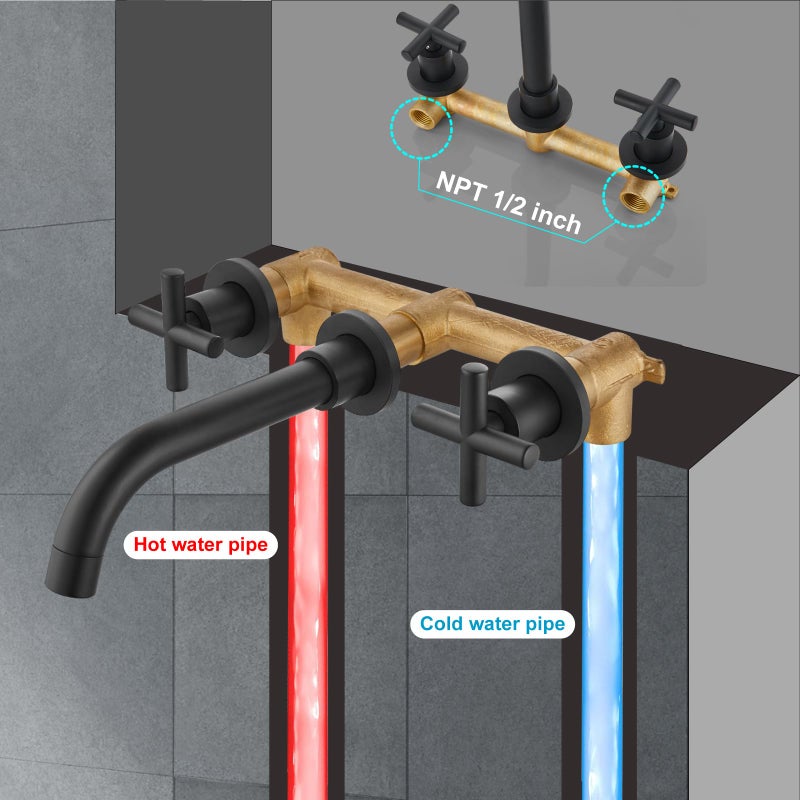 Midanya Wall Mounted Bathroom Sink Faucet,Double Handle 3 Holes Widespread Vanity Sink Mixer Tap with Rough in Valve Dual Cross Handles Faucets,Matte Black - Image 2